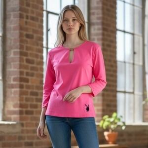 Vintage Playboy Women Neon Pink Keyhole Long Sleeve Top Bunny Logo Y2K Large NWT